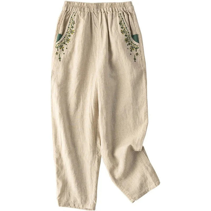 Buddha Stones Vintage Embroidery Elastic Waist Capri Harem Pants With Pockets