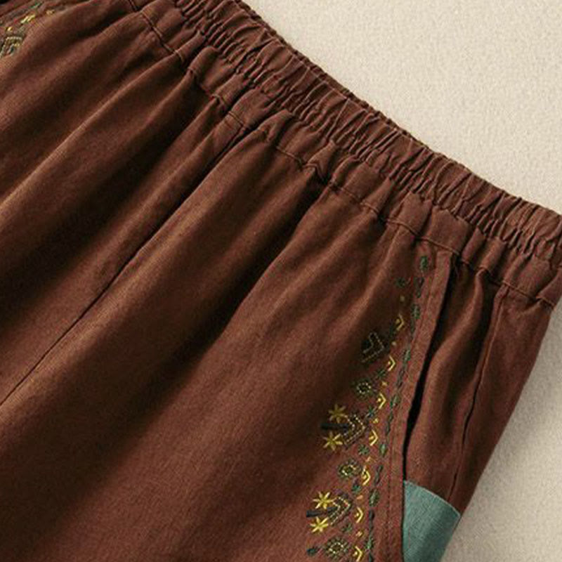 Buddha Stones Vintage Embroidery Elastic Waist Harem Pants With Pockets