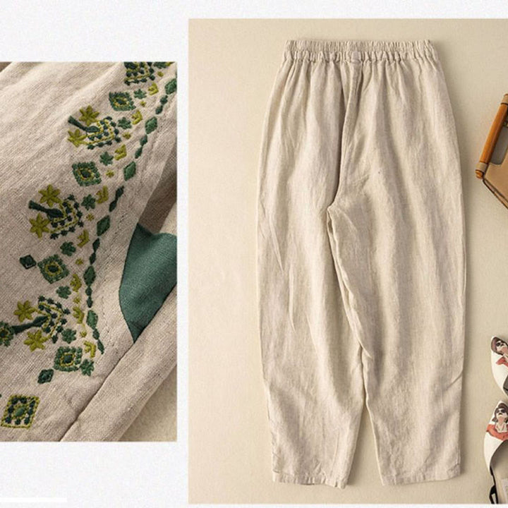 Buddha Stones Vintage Embroidery Elastic Waist Capri Harem Pants With Pockets