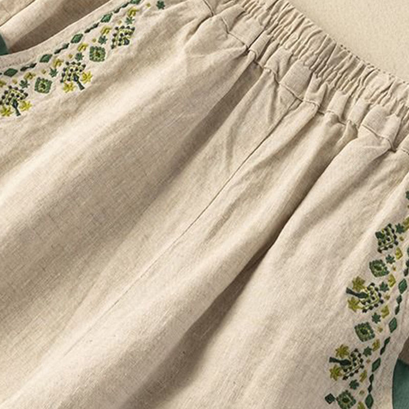 Buddha Stones Vintage Embroidery Elastic Waist Capri Harem Pants With Pockets