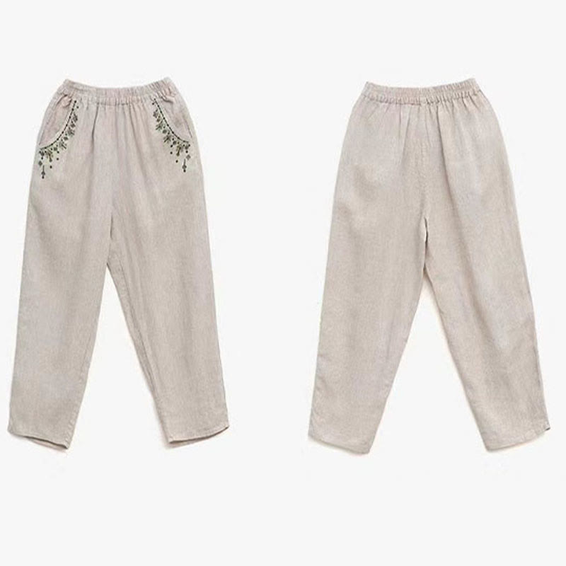 Buddha Stones Vintage Embroidery Elastic Waist Capri Harem Pants With Pockets