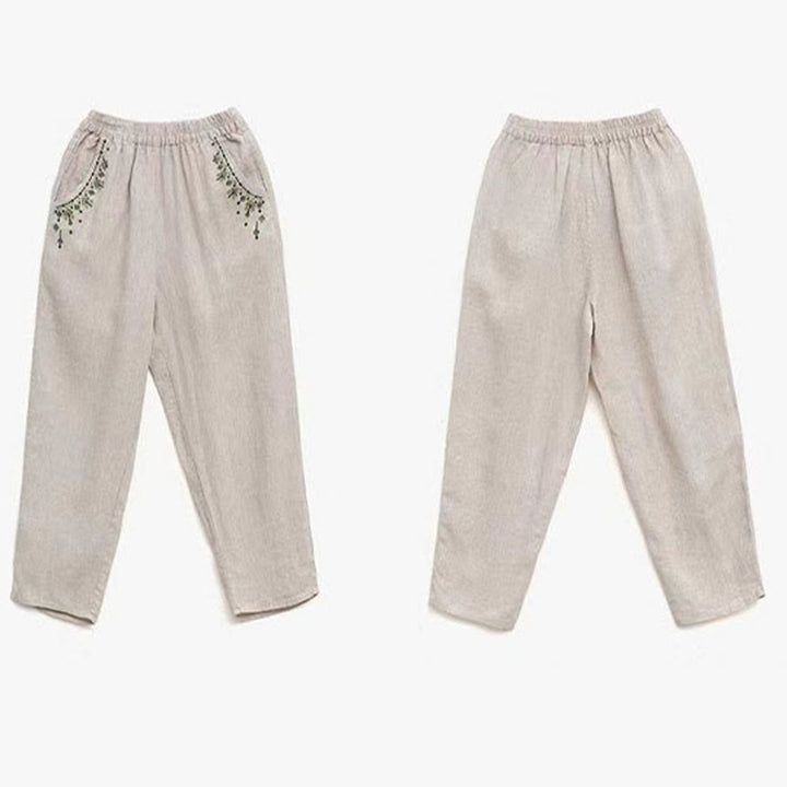 Buddha Stones Vintage Embroidery Elastic Waist Capri Harem Pants With Pockets