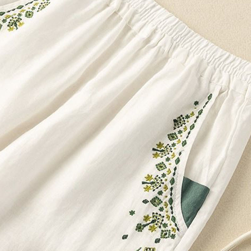 Buddha Stones Vintage Embroidery Elastic Waist Capri Harem Pants With Pockets