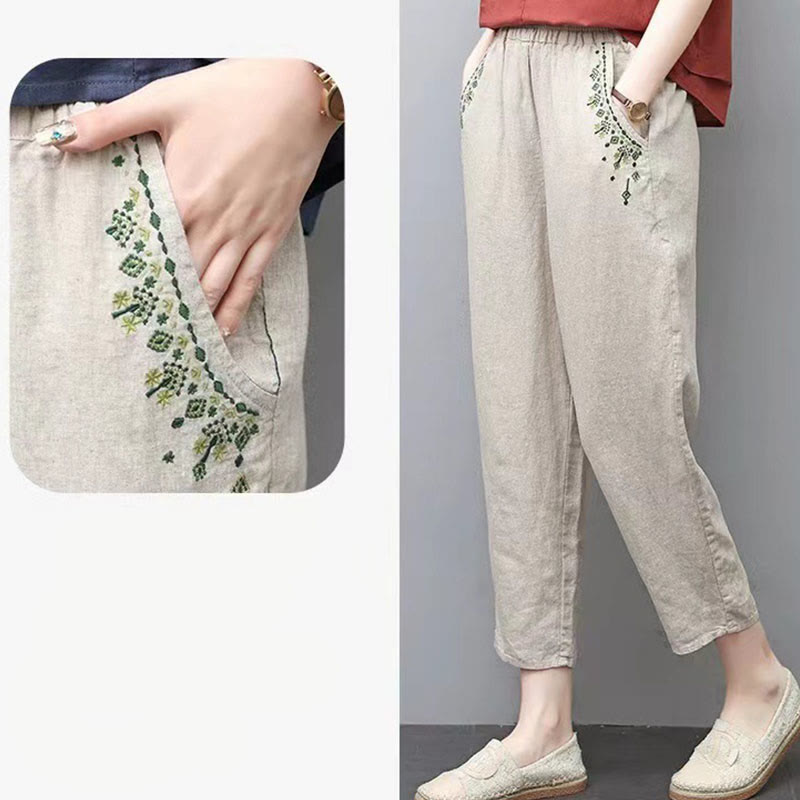 Buddha Stones Vintage Embroidery Elastic Waist Capri Harem Pants With Pockets