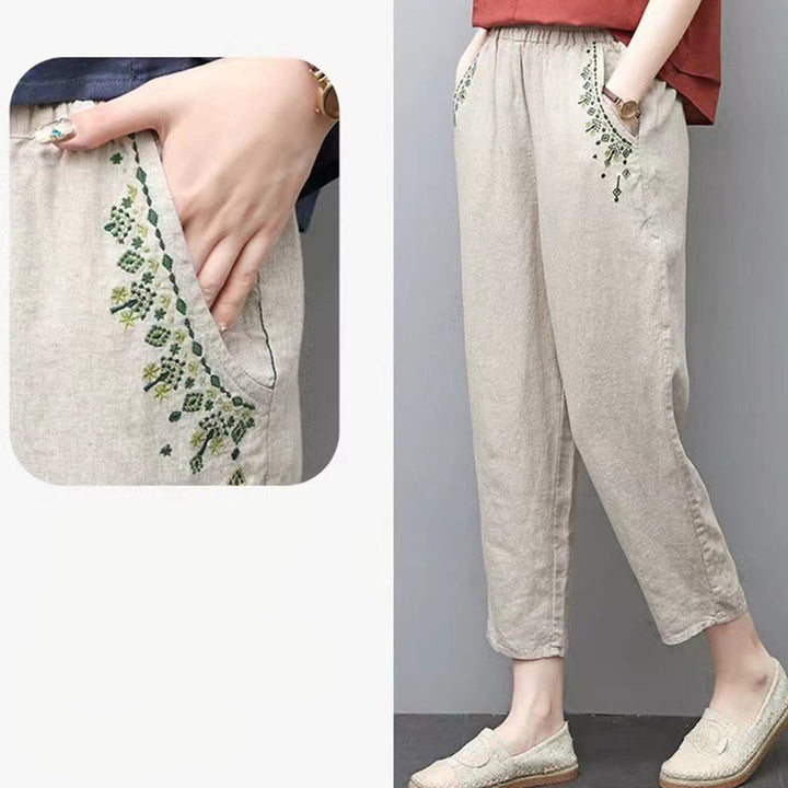 Buddha Stones Vintage Embroidery Elastic Waist Capri Harem Pants With Pockets