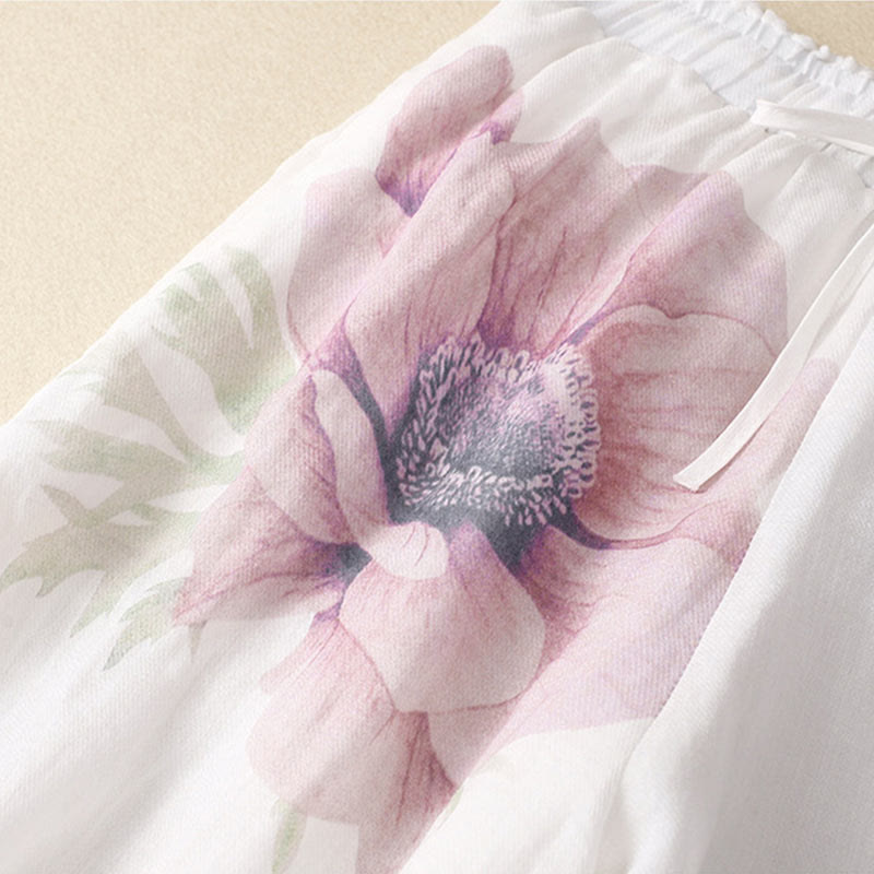 Buddha Stones Floral Print High Waist Cotton Linen Drawstring Wide Leg Pants With Pockets - image 2