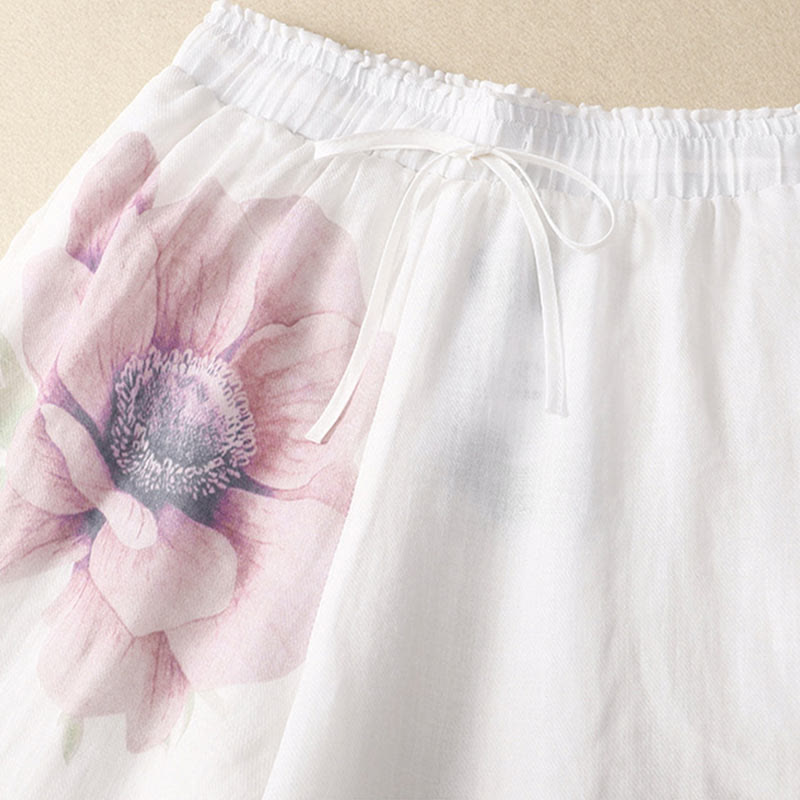 Buddha Stones Floral Print High Waist Cotton Linen Drawstring Wide Leg Pants With Pockets - image 3