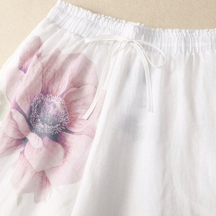 Buddha Stones Floral Print High Waist Cotton Linen Drawstring Wide Leg Pants With Pockets - image 3