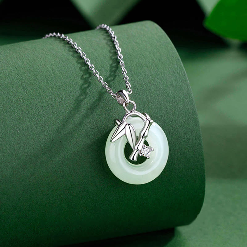 Buddha Stones 925 Sterling Silver Hetian Jade Bamboo Leaf Peace Buckle Prosperity Necklace Pendant - image 2