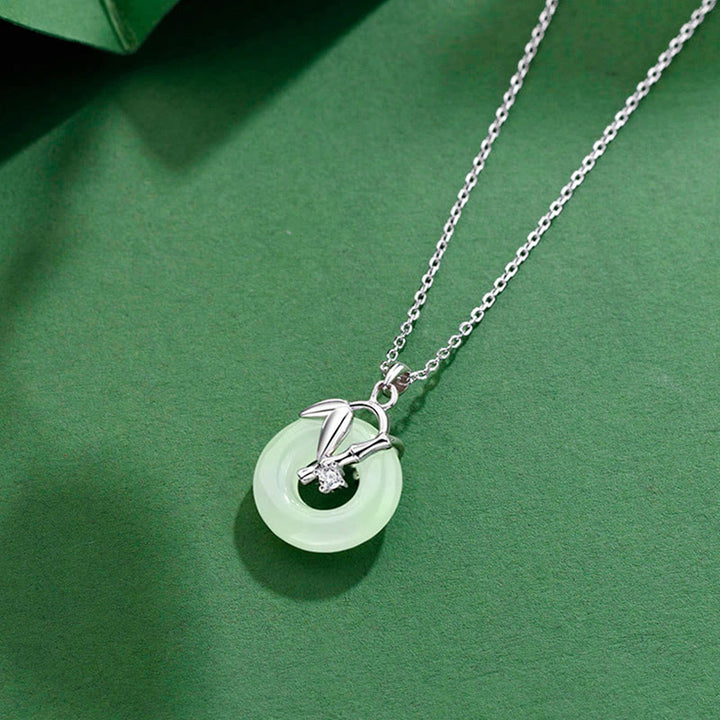 Buddha Stones 925 Sterling Silver Hetian Jade Bamboo Leaf Peace Buckle Prosperity Necklace Pendant - image 1