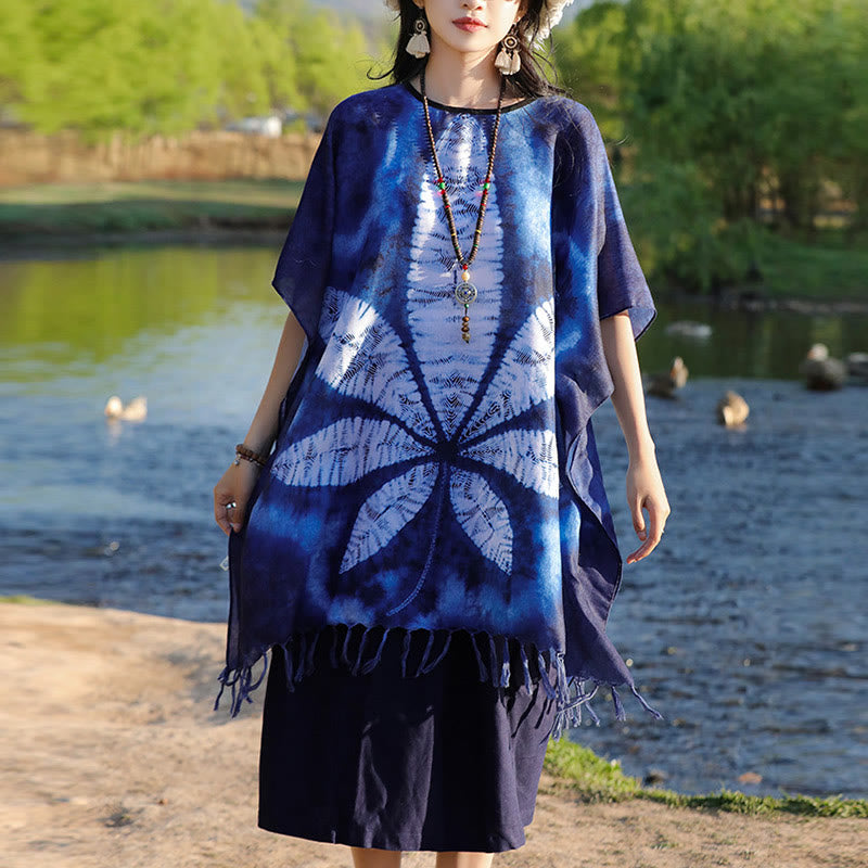 Buddha Stones Blue Batik Shawl Tassels Maple Leaf Cozy Travel Pullover 95*90cm - image 9