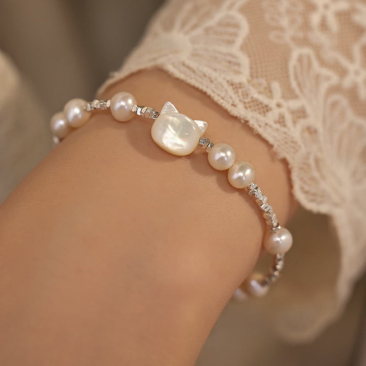 Buddha Stones Pearl Cat Head Tridacna Stone Silver Chain Healing Bracelet - image 3