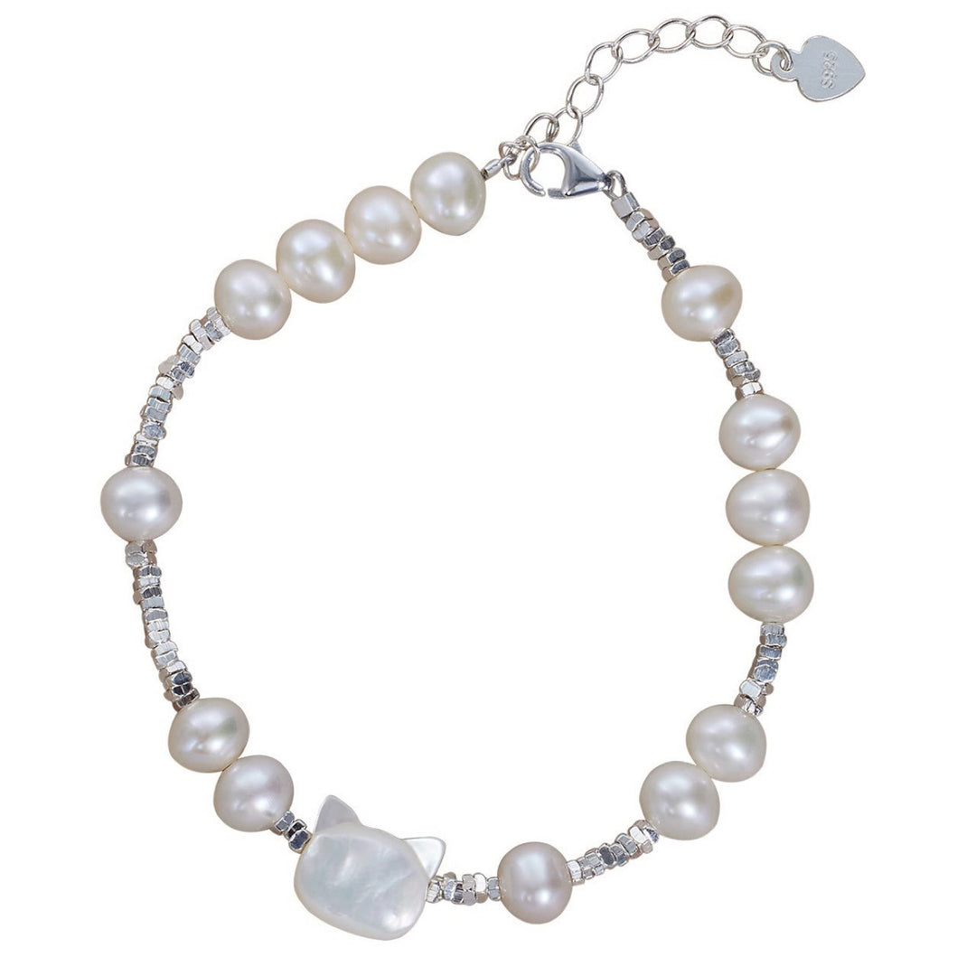 Buddha Stones Pearl Cat Head Tridacna Stone Silver Chain Healing Bracelet - image 5