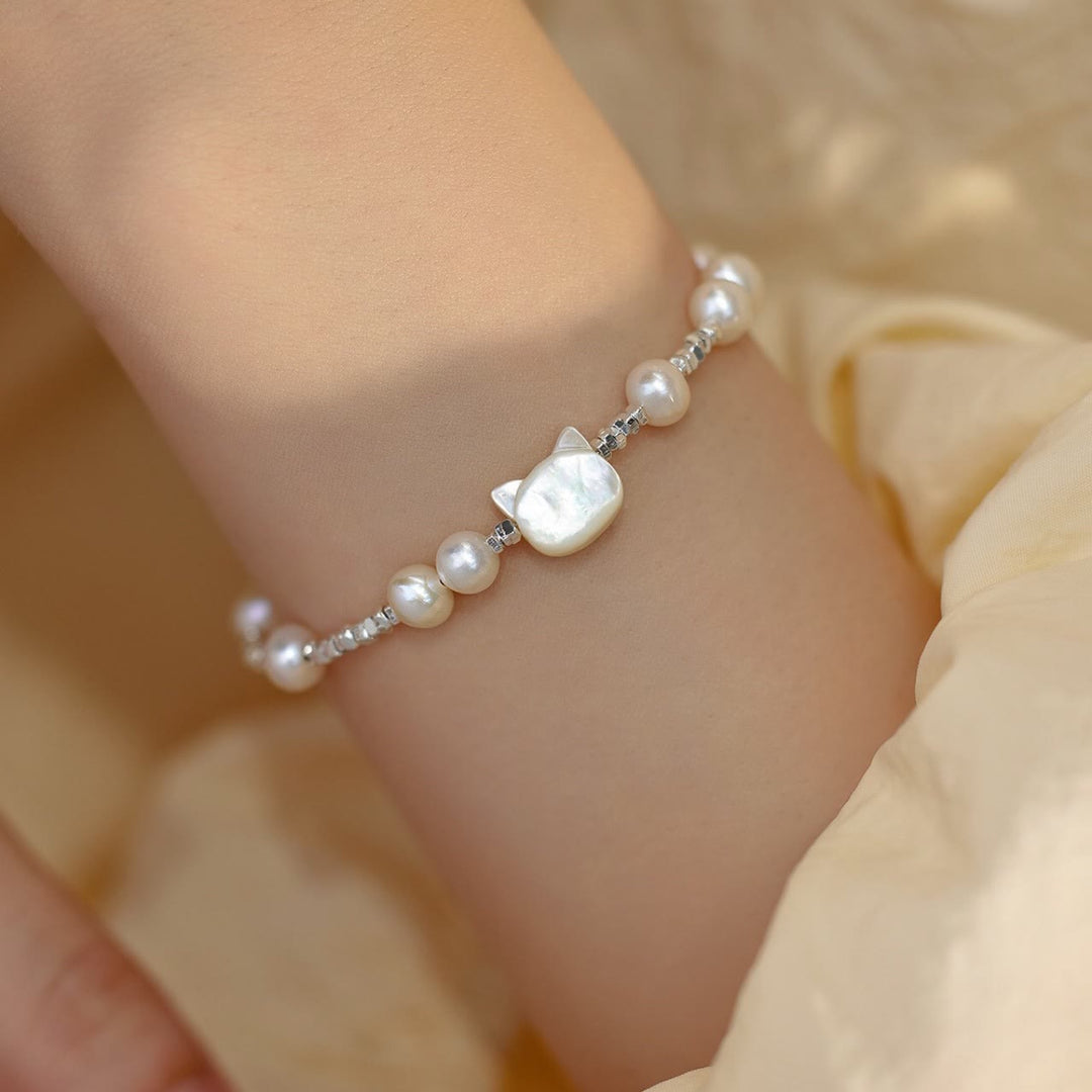 Buddha Stones Pearl Cat Head Tridacna Stone Silver Chain Healing Bracelet - Pearl(Wrist Circumference 14-16cm) - image 1