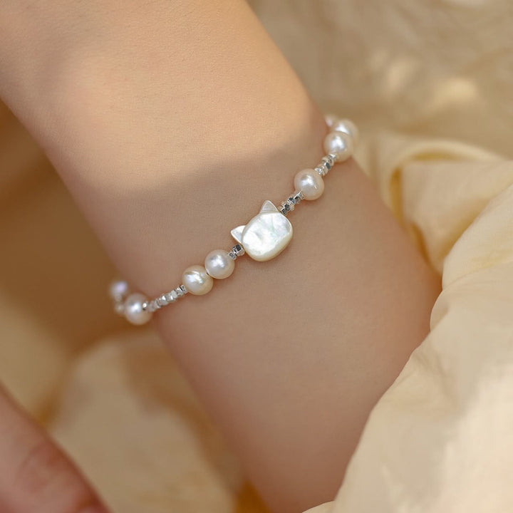 Buddha Stones Pearl Cat Head Tridacna Stone Silver Chain Healing Bracelet - Pearl(Wrist Circumference 14-16cm) - image 1
