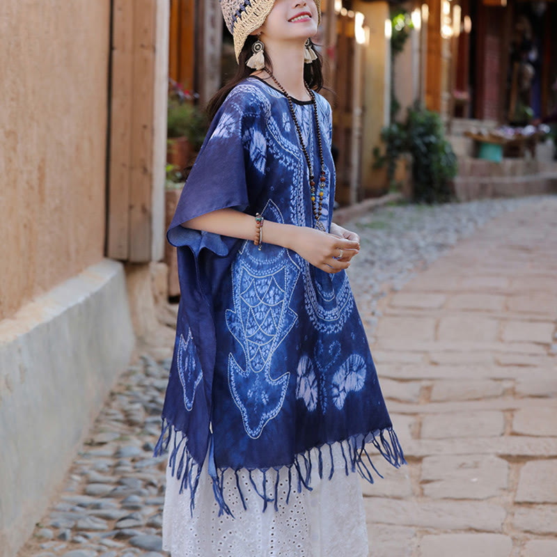 Buddha Stones Blue Geometry Batik Shawl Tassels Cozy Travel Pullover 90*95cm - image 5