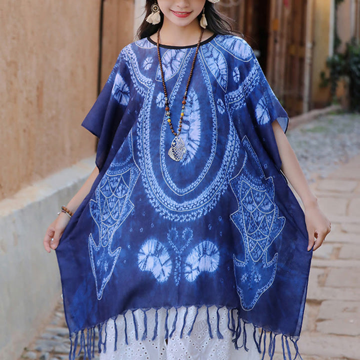 Buddha Stones Blue Geometry Batik Shawl Tassels Cozy Travel Pullover 90*95cm - Blue 90*95cm - image 0