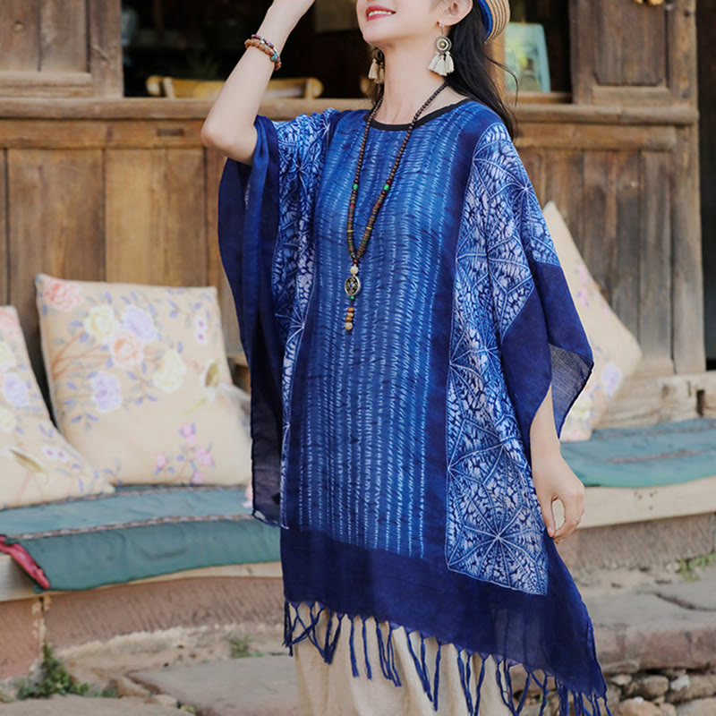 Buddha Stones Blue Geometric Stripes Batik Shawl Tassels Cozy Travel Pullover 90*95cm - image 5