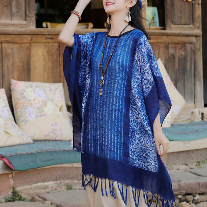 Buddha Stones Blue Geometric Stripes Batik Shawl Tassels Cozy Travel Pullover 90*95cm - image 5