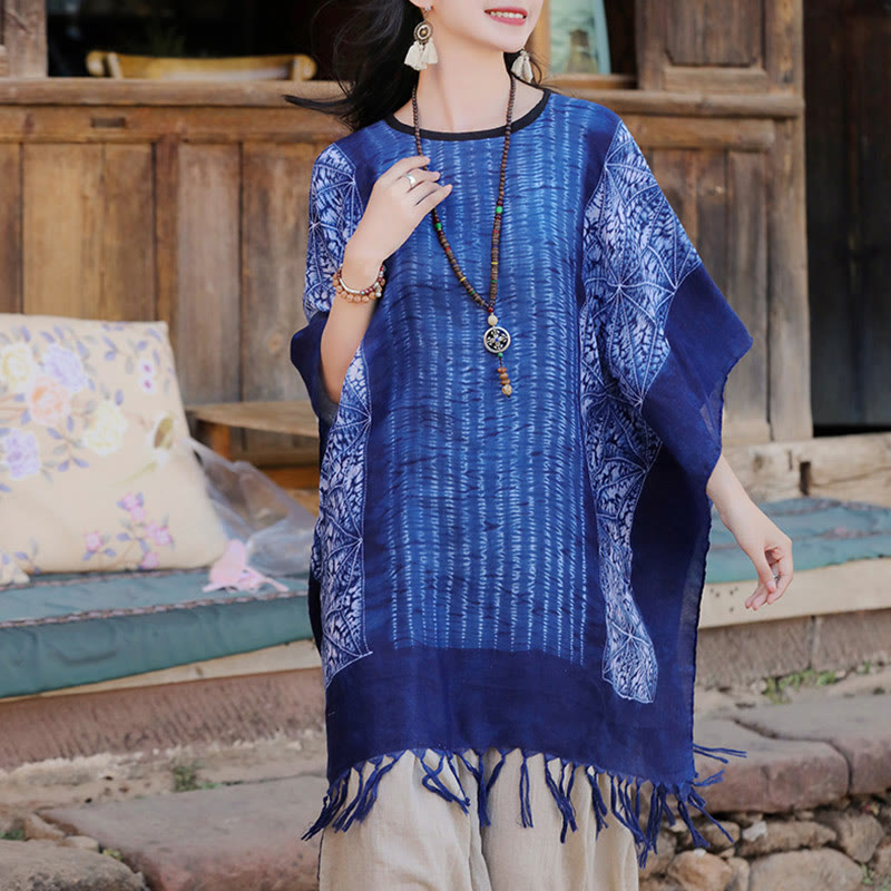 Buddha Stones Blue Geometric Stripes Batik Shawl Tassels Cozy Travel Pullover 90*95cm - image 6