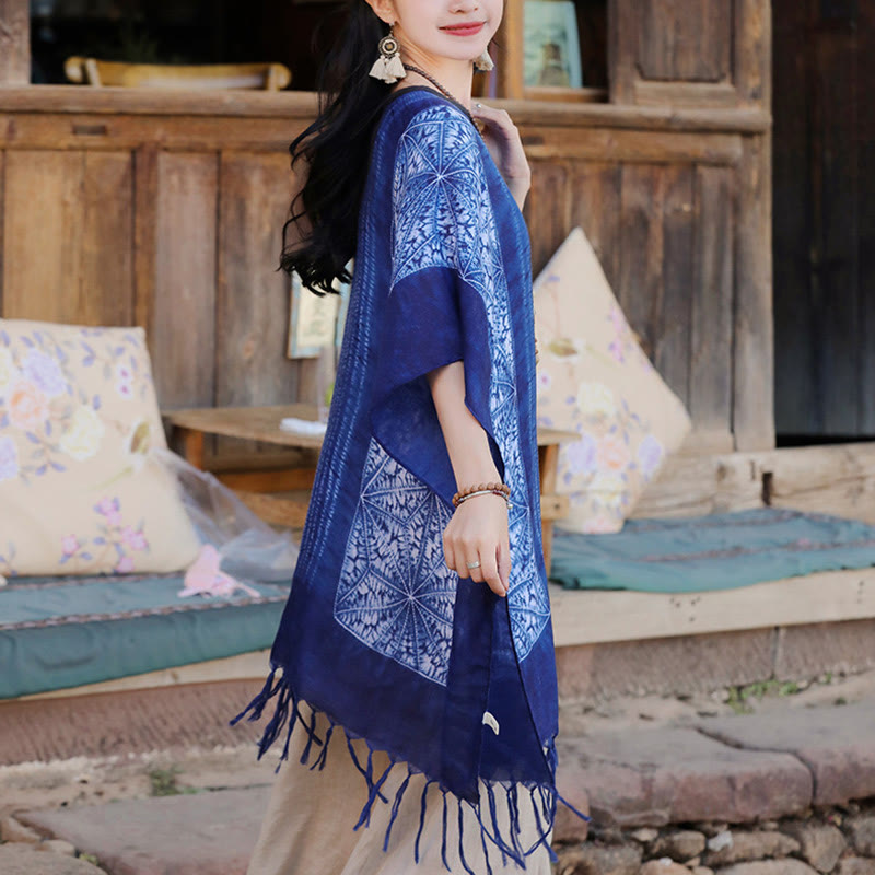 Buddha Stones Blue Geometric Stripes Batik Shawl Tassels Cozy Travel Pullover 90*95cm - image 3