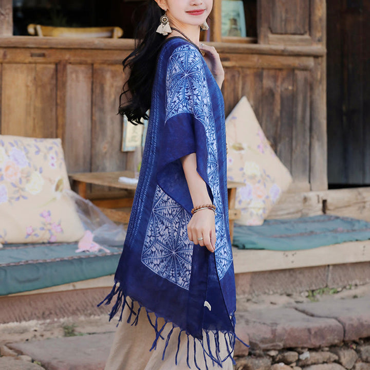 Buddha Stones Blue Geometric Stripes Batik Shawl Tassels Cozy Travel Pullover 90*95cm - image 3