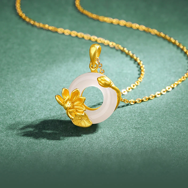 Buddha Stones Natural White Chalcedony Peace Buckle Lotus Pendant S925 Sterling Silver Necklace - Chalcedony (Positive ♥ Harmony) - image 0