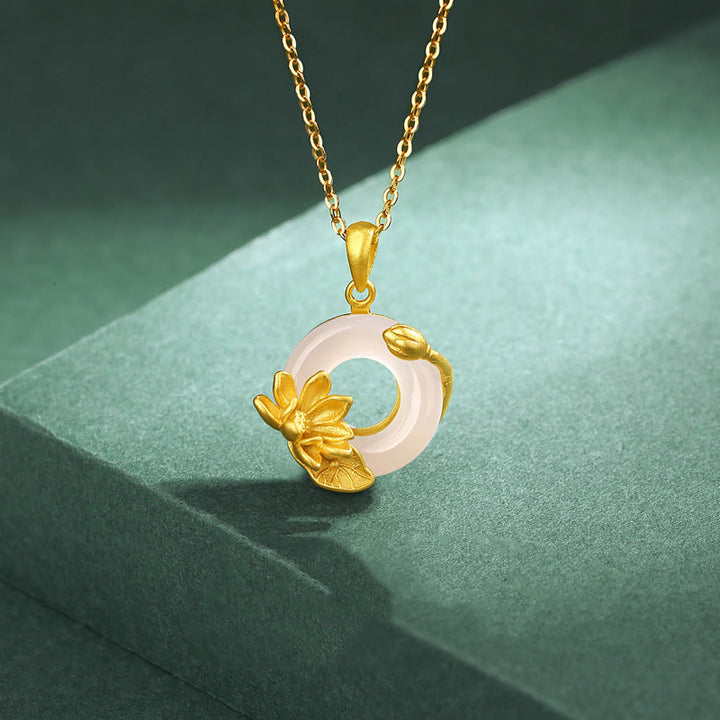 Buddha Stones Natural White Chalcedony Peace Buckle Lotus Pendant S925 Sterling Silver Necklace - image 2