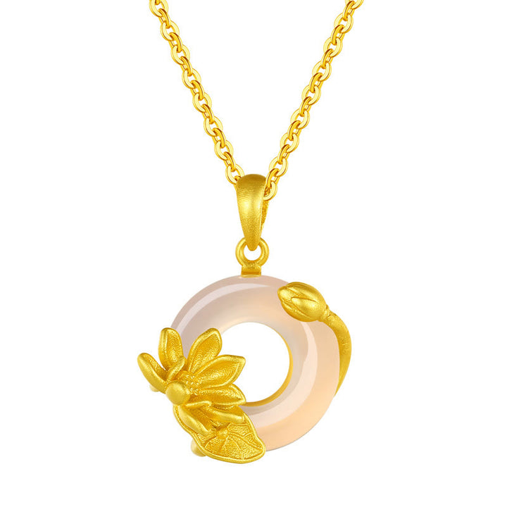 Buddha Stones Natural White Chalcedony Peace Buckle Lotus Pendant S925 Sterling Silver Necklace - image 3