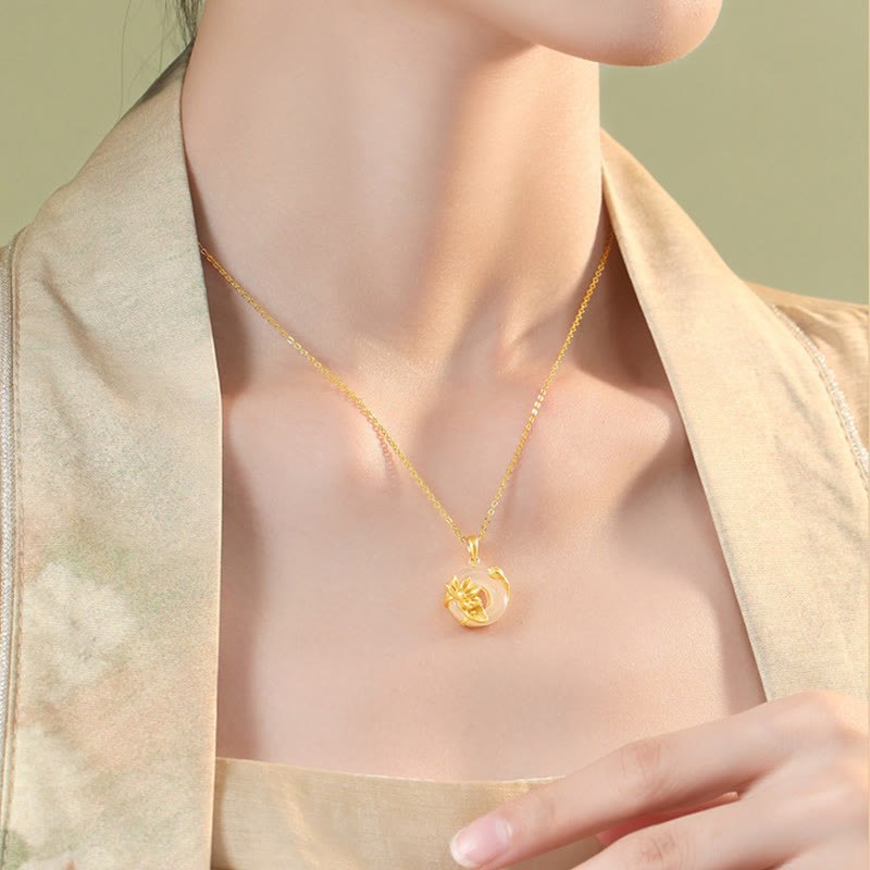 Buddha Stones Natural White Chalcedony Peace Buckle Lotus Pendant S925 Sterling Silver Necklace - image 4