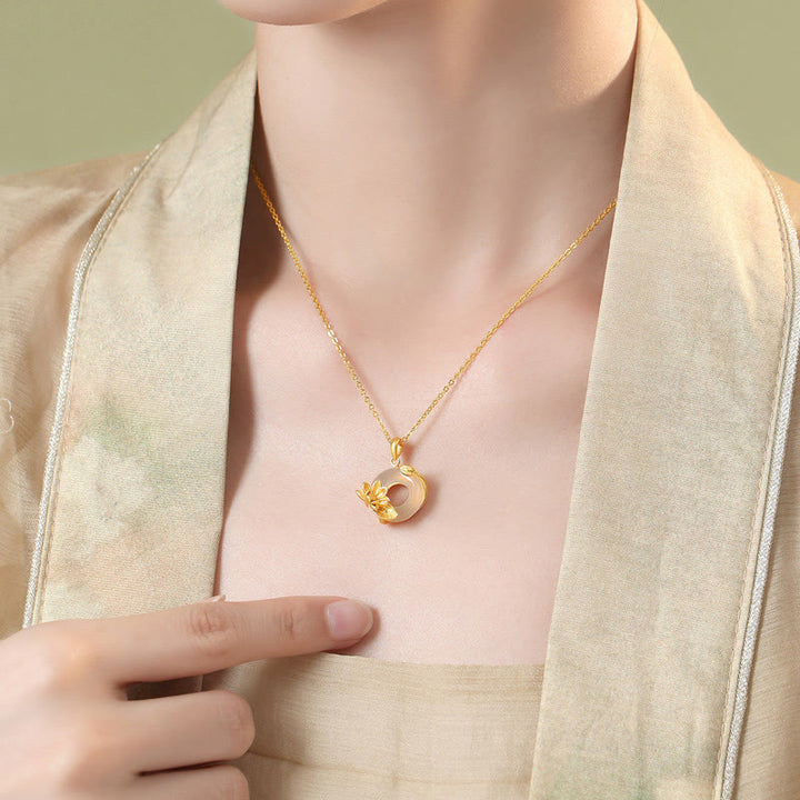 Buddha Stones Natural White Chalcedony Peace Buckle Lotus Pendant S925 Sterling Silver Necklace - image 6