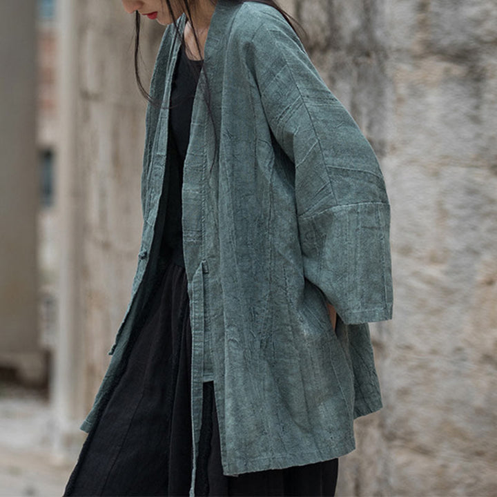 Buddha Stones Tie Dye Lace-up Design Coat Zen Meditation Open Front Top Jacket - LightCyan-US4-14，UK/AU8-18，EU36-46 (F)-(Top Only) - image 21