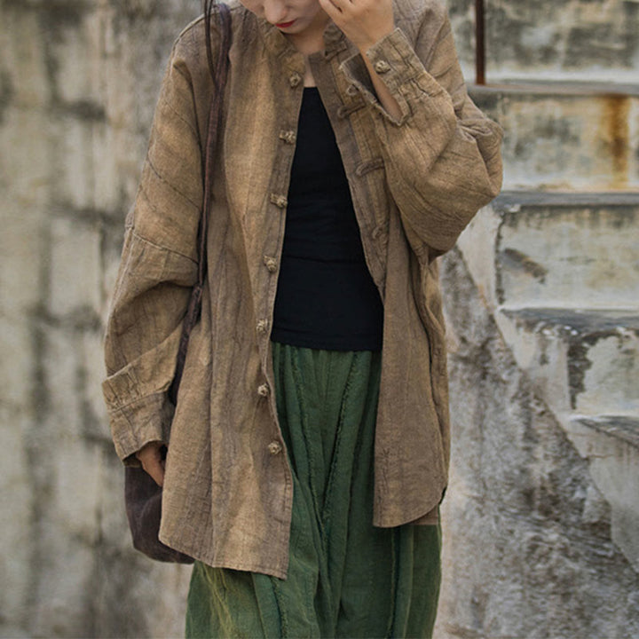 Buddha Stones Tie Dye Frog-Button Long Sleeve Zen Meditation Open Front Jacket - Brown(Top Only)US4-14，UK/AU8-18，EU36-46 (F) - image 0