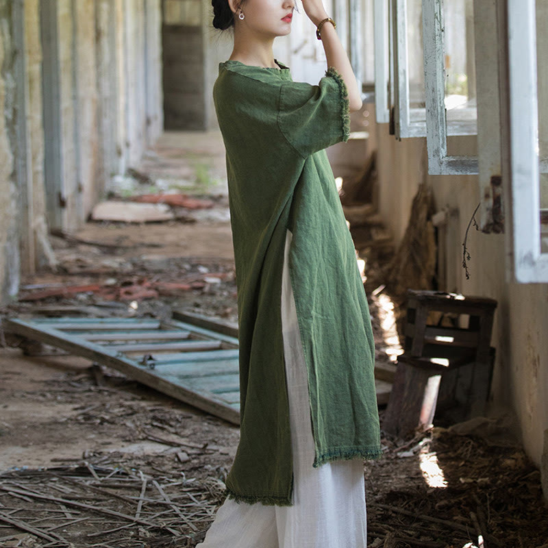 Buddha Stones Mid Length Dress Ramie Linen Half Sleeve Split Hem Top T-Shirt - image 6