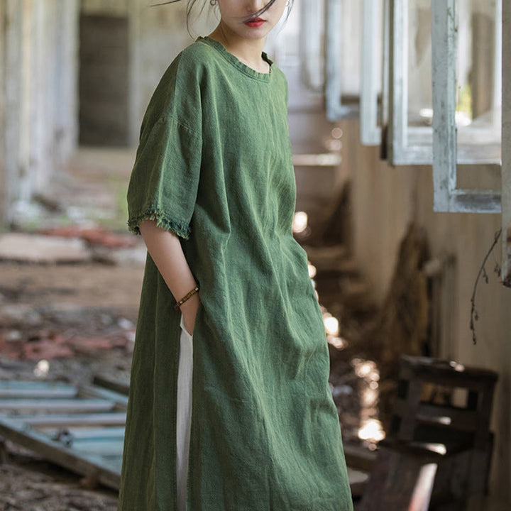 Buddha Stones Mid Length Dress Ramie Linen Half Sleeve Split Hem Top T-Shirt - image 3