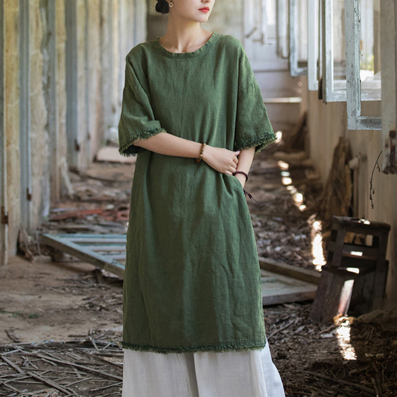 Buddha Stones Mid Length Dress Ramie Linen Half Sleeve Split Hem Top T-Shirt - image 9