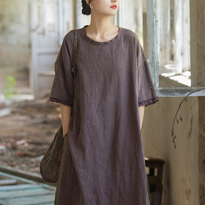 Buddha Stones Mid Length Dress Ramie Linen Half Sleeve Split Hem Top T-Shirt - image 22