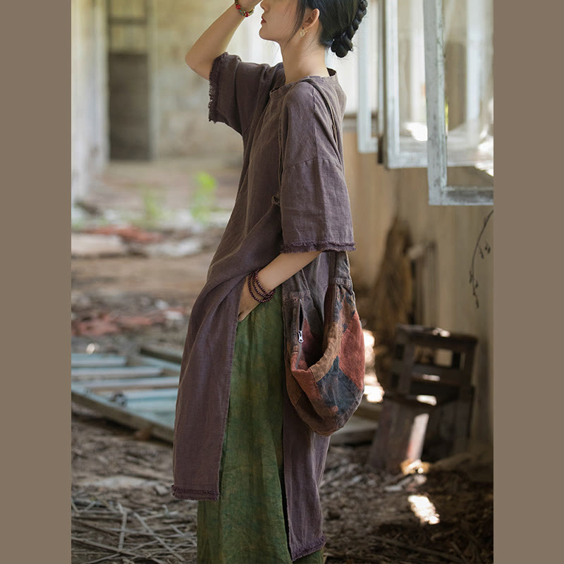 Buddha Stones Mid Length Dress Ramie Linen Half Sleeve Split Hem Top T-Shirt - image 23