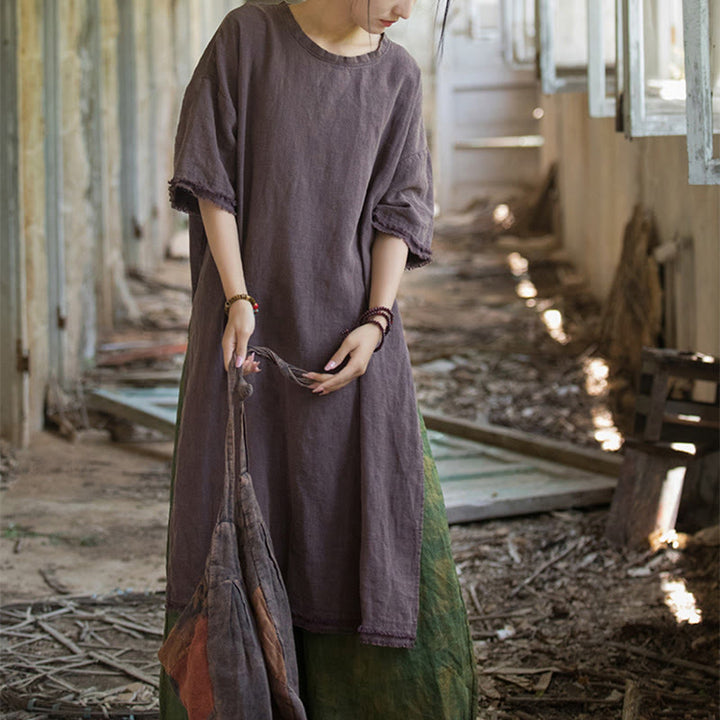 Buddha Stones Mid Length Dress Ramie Linen Half Sleeve Split Hem Top T-Shirt - image 25