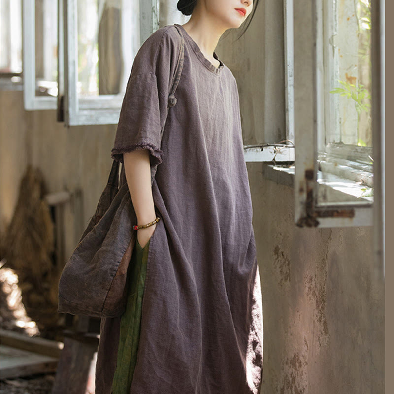 Buddha Stones Mid Length Dress Ramie Linen Half Sleeve Split Hem Top T-Shirt - image 21