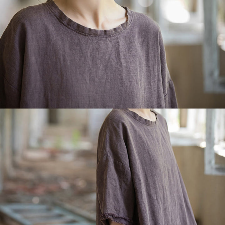 Buddha Stones Mid Length Dress Ramie Linen Half Sleeve Split Hem Top T-Shirt - image 30