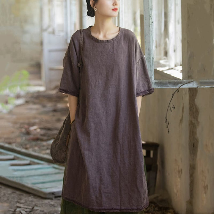 Buddha Stones Mid Length Dress Ramie Linen Half Sleeve Split Hem Top T-Shirt - image 17