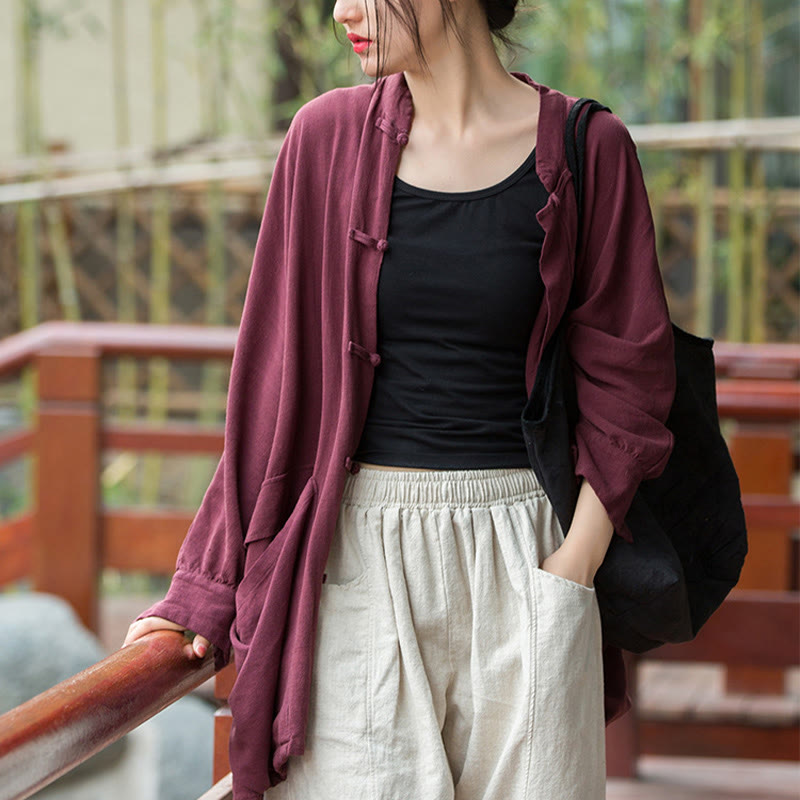 Buddha Stones Frog-Button Long Sleeve Zen Meditation Open Front Jacket With Pockets - image 9