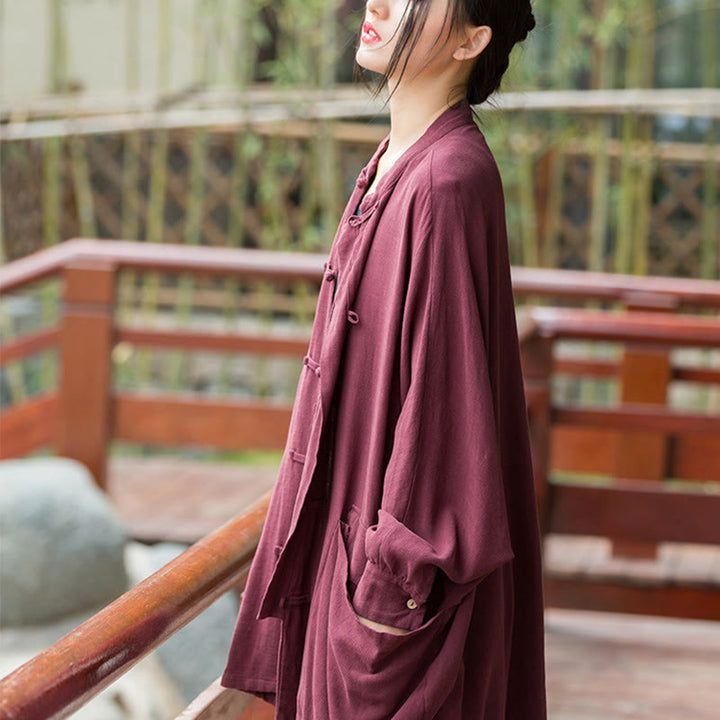 Buddha Stones Frog-Button Long Sleeve Zen Meditation Open Front Jacket With Pockets - image 7