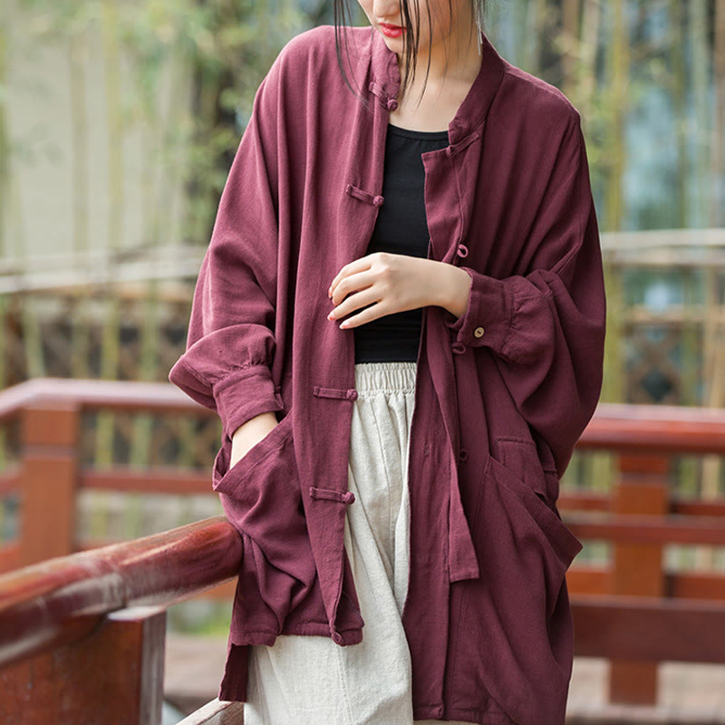 Buddha Stones Frog-Button Long Sleeve Zen Meditation Open Front Jacket With Pockets - Red，US4-14，UK/AU8-18，EU36-46 (F) - image 1