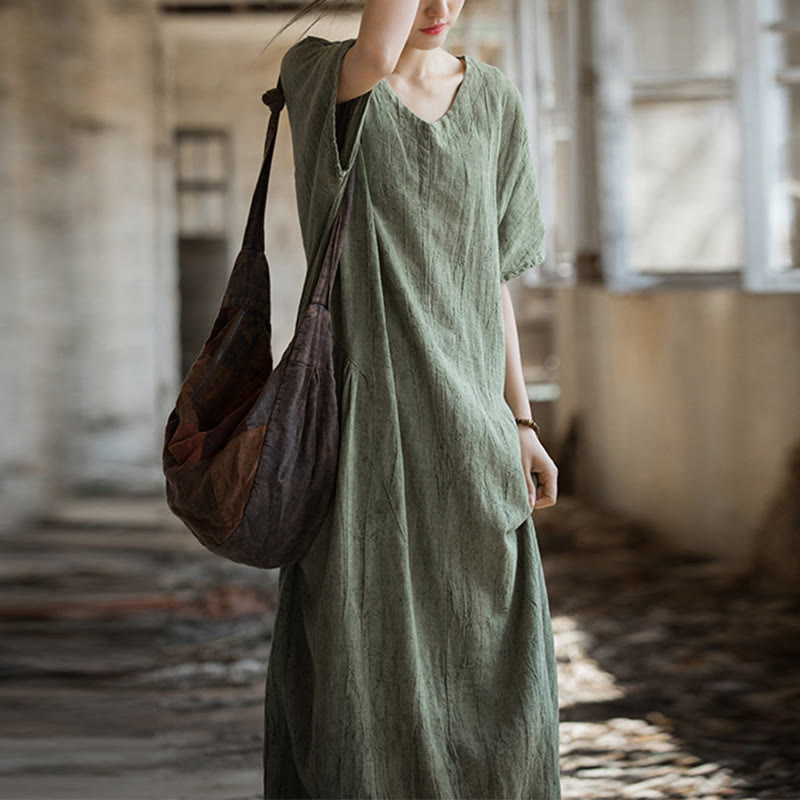 Buddha Stones Handmade Tie Dye V-Neck Midi Dress Linen Short Sleeve Dress - Green(Bust 120cm/Length 120cm)(Dress Only) - image 0