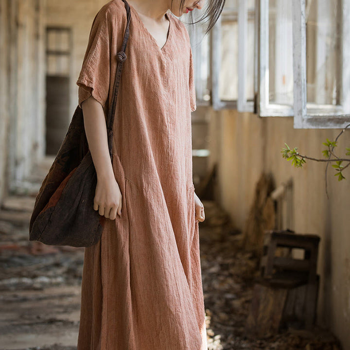 Buddha Stones Handmade Tie Dye V-Neck Midi Dress Linen Short Sleeve Dress - image 12