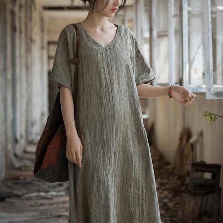 Buddha Stones Handmade Tie Dye V-Neck Midi Dress Linen Short Sleeve Dress - Beige(Bust 120cm/Length 120cm)(Dress Only) - image 17