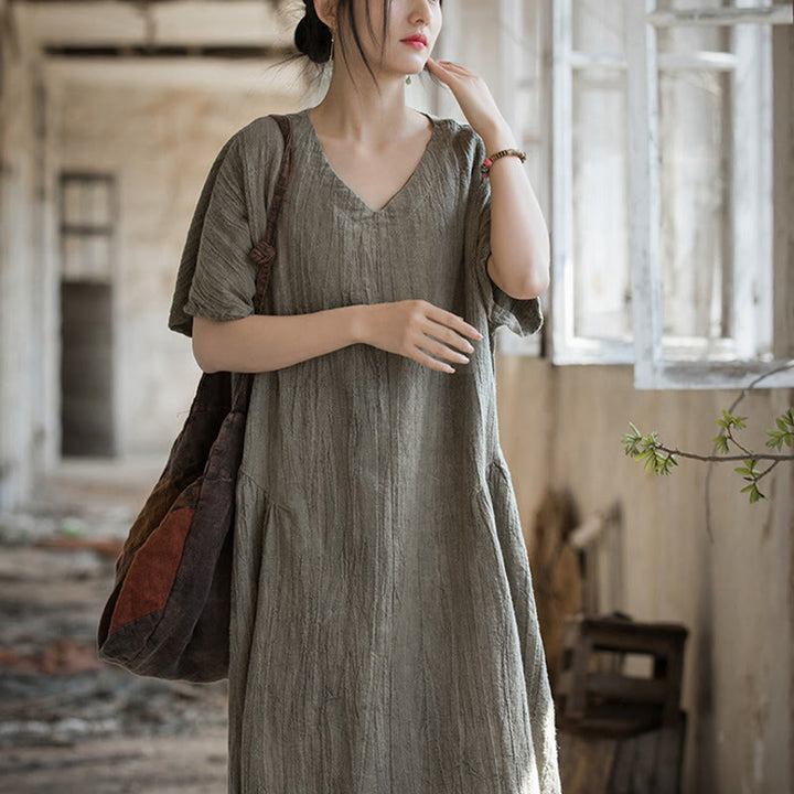 Buddha Stones Handmade Tie Dye V-Neck Midi Dress Linen Short Sleeve Dress - image 22