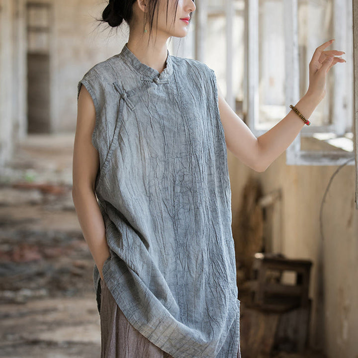 Buddha Stones Handmade Tie Dye Ramie Linen Frog-Button Sleeveless Vest - image 2